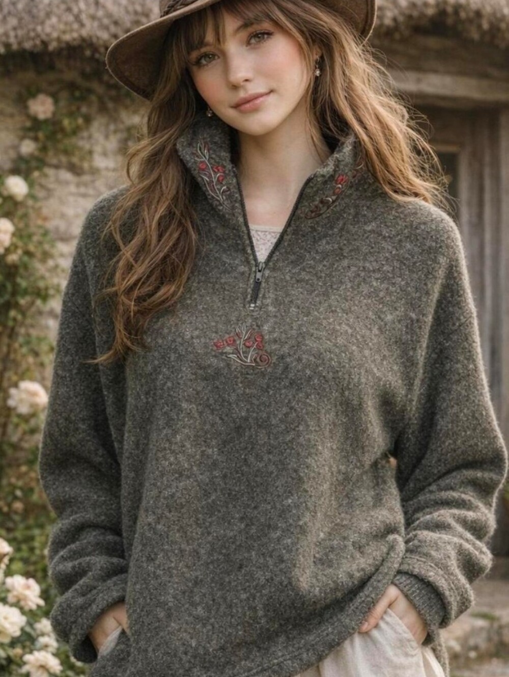 Victoria's Secret Country Green Quarter-Zip Sweater with Floral Embroidery Med.
